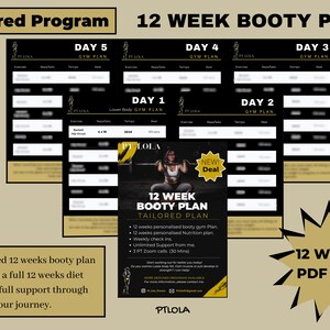 Peut inclure: Un programme d'entraînement de 12 semaines pour les fessiers, en noir et jaune, avec une photo d'une femme soulevant des poids. Le programme comprend un plan de salle de sport personnalisé, un plan de nutrition, des points de contrôle hebdomadaires, un soutien illimité et 3 appels Zoom avec un coach personnel. Le texte "12 Weeks PDF Plan" est dans un éclat d'étoile doré.