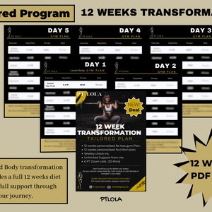 Peut inclure: Un programme de transformation de 12 semaines en noir et or avec un régime alimentaire et un programme de gym personnalisés. Le programme comprend des points de contrôle hebdomadaires, un soutien illimité et six appels Zoom. Le programme est proposé par PTLola.