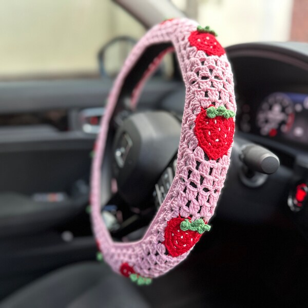 Pink Strawberry Crochet Car Steering Wheel Cover, Strawberry Safety Steering Wheel, Gift for Her, Car Accessories