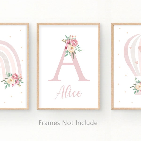 Personalised Nursery Print, Floral Print Design, Set of 3 Nursery Prints, Girls Baby Bedroom Print, Pink, Wildflower Decor Wall Art