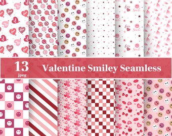 Retro Valentine Smiley Face Seamless Pattern, Groovy Designs (13 JPEGs)