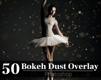 May include: A ballerina in a white tutu poses in front of a dark background with a bokeh effect. The text "50 Bokeh Dust Overlay Photoshop" is at the bottom of the image.