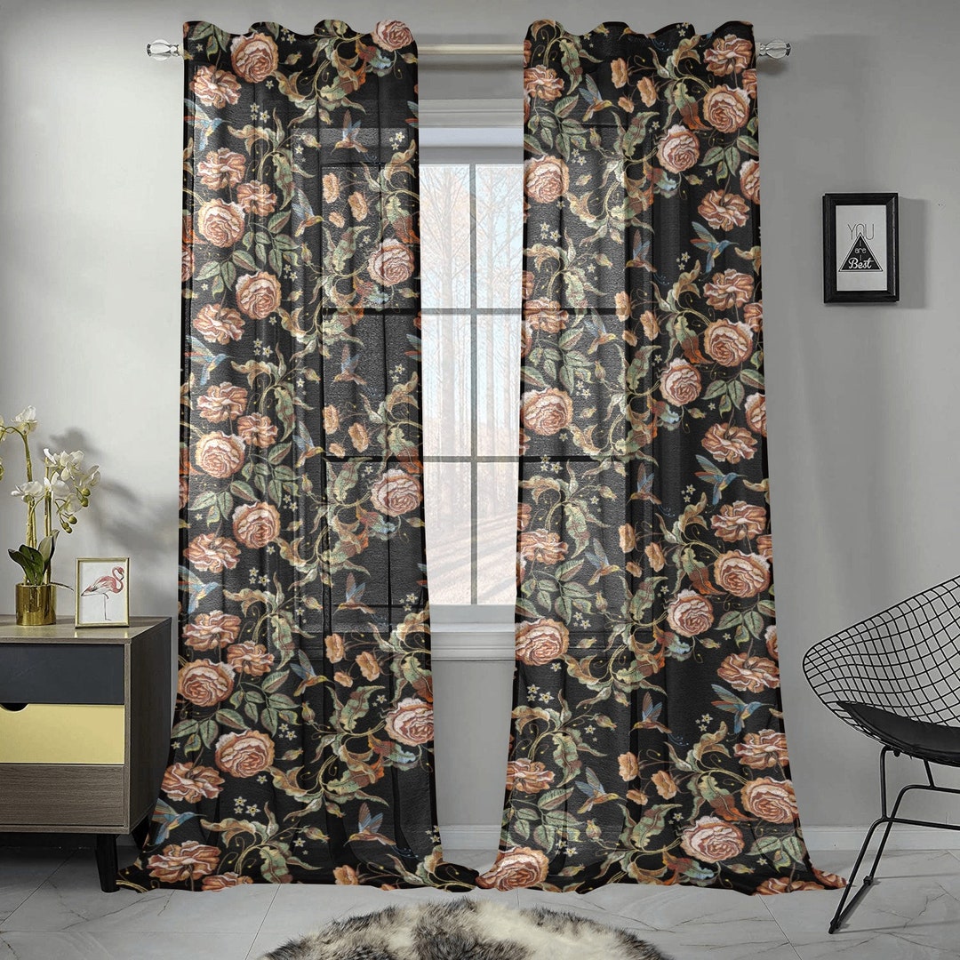 2 PANELS- Dark Floral Hummingbird Curtains,moody Maximalist,dark ...