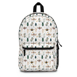 Insect Backpack, Entomology Gift, Bug Lover Gift, Light Botanical, Cottagecore Floral, Dragonfly and Beetle Pattern, Laptop Bag, Work Bag