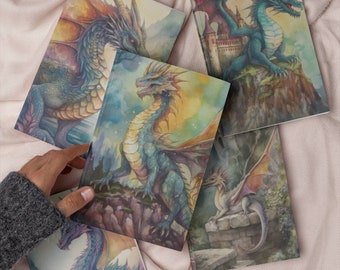 5 PACK Dragon Journals, Fantasy Notebooks, RPG Journal, Hardback Hardcover,A5, Dragon Diary, Dragon Lover Gift,Watercolor Dragons,Idea Book