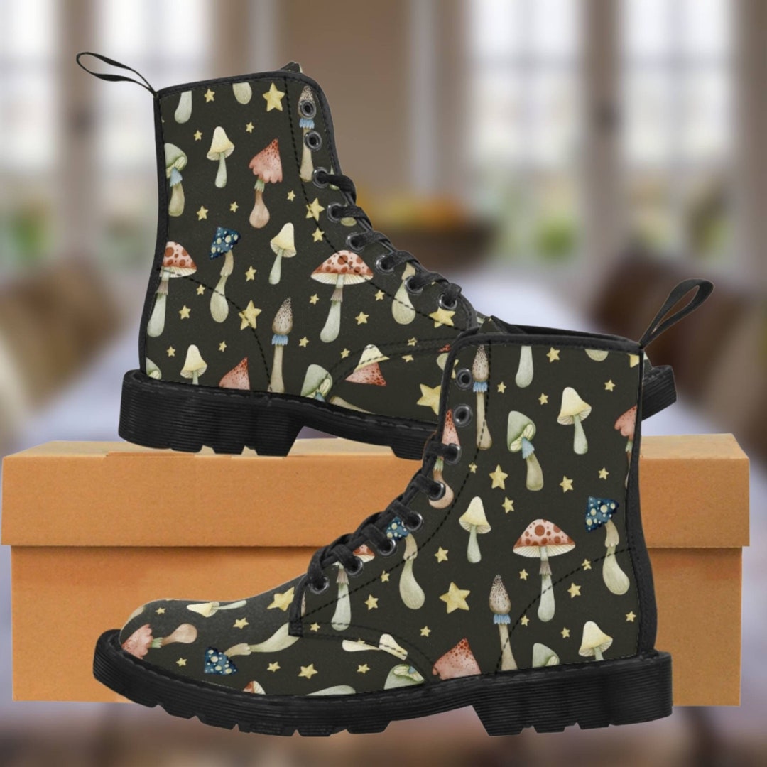 Mushroom Boots, Dark Cottagecore Canvas Boots, Dark Moody Print Shoes