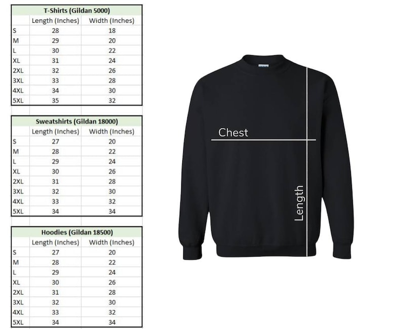 May include: Black sweatshirt with chest and length measurements. Size charts for T-shirts, sweatshirts, and hoodies, including length and width in inches, are displayed. The charts are for Gildan brand apparel.