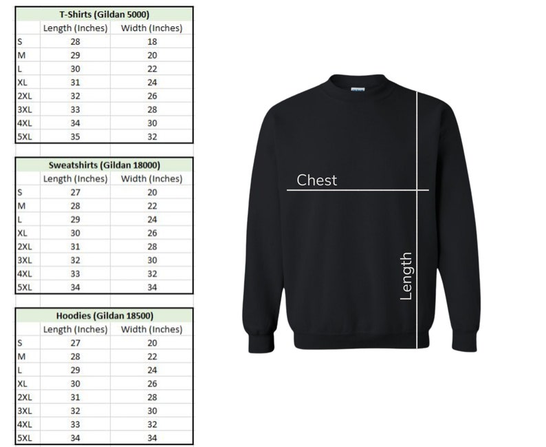 Peut inclure: Un sweat-shirt noir avec un sch&eacute;ma montrant les mesures de la poitrine et de la longueur. Des tableaux des tailles pour les t-shirts, les sweat-shirts et les sweats &agrave; capuche sont affich&eacute;s, d&eacute;taillant la longueur et la largeur en pouces pour diff&eacute;rentes tailles de S &agrave; 5XL.