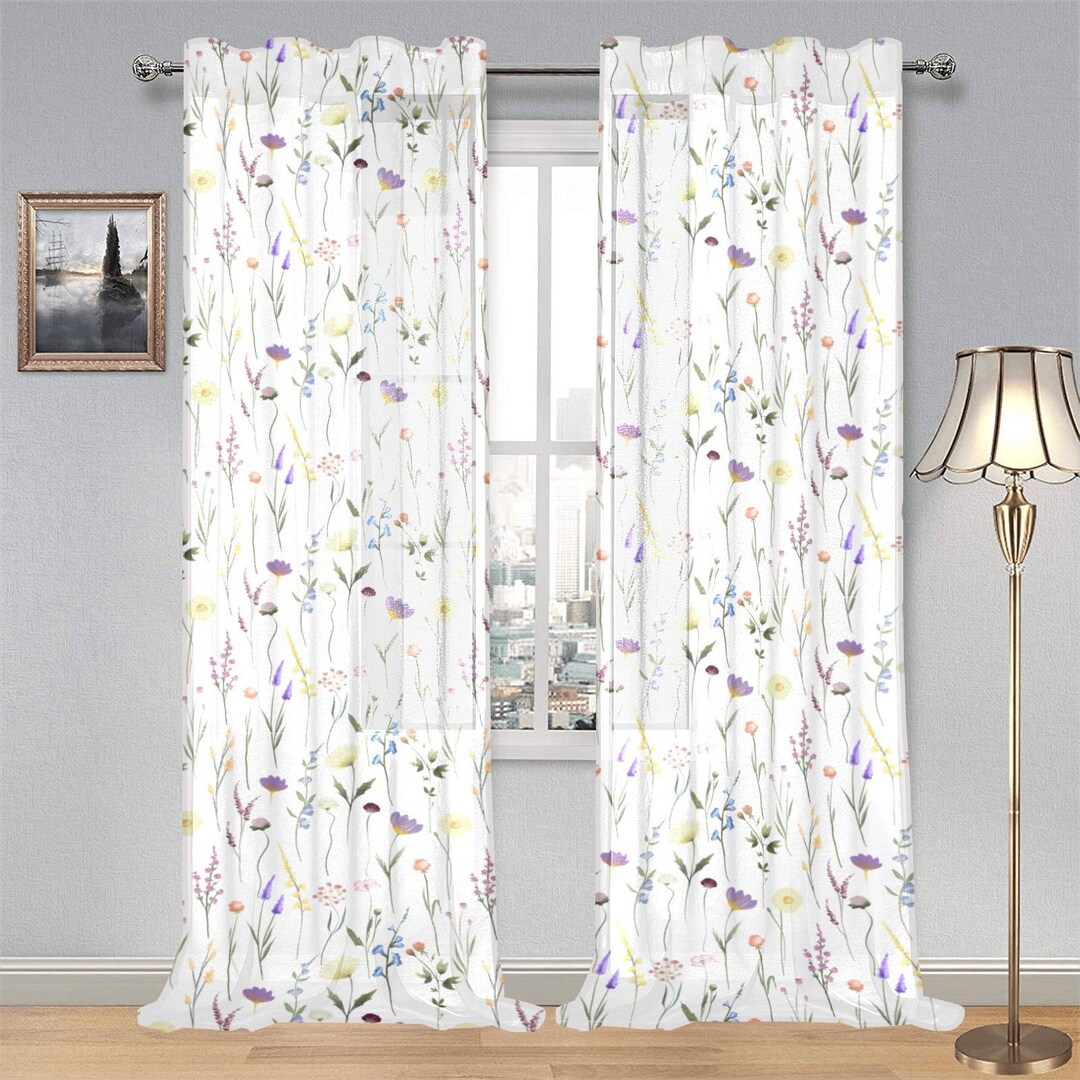 2 PANELS Cottagecore Floral Curtains, Wildflower Curtains, Country