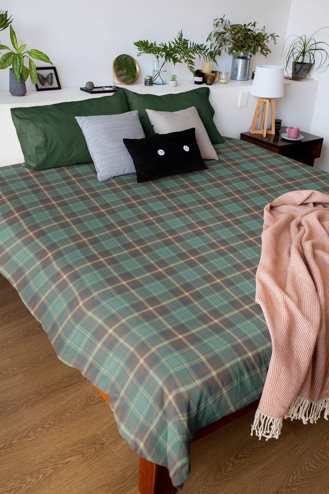 Tartan Duvet Cover Set, Green Plaid Bedding, Lodge Cabin Decor, Scottish Gifts, Dorm Bedding