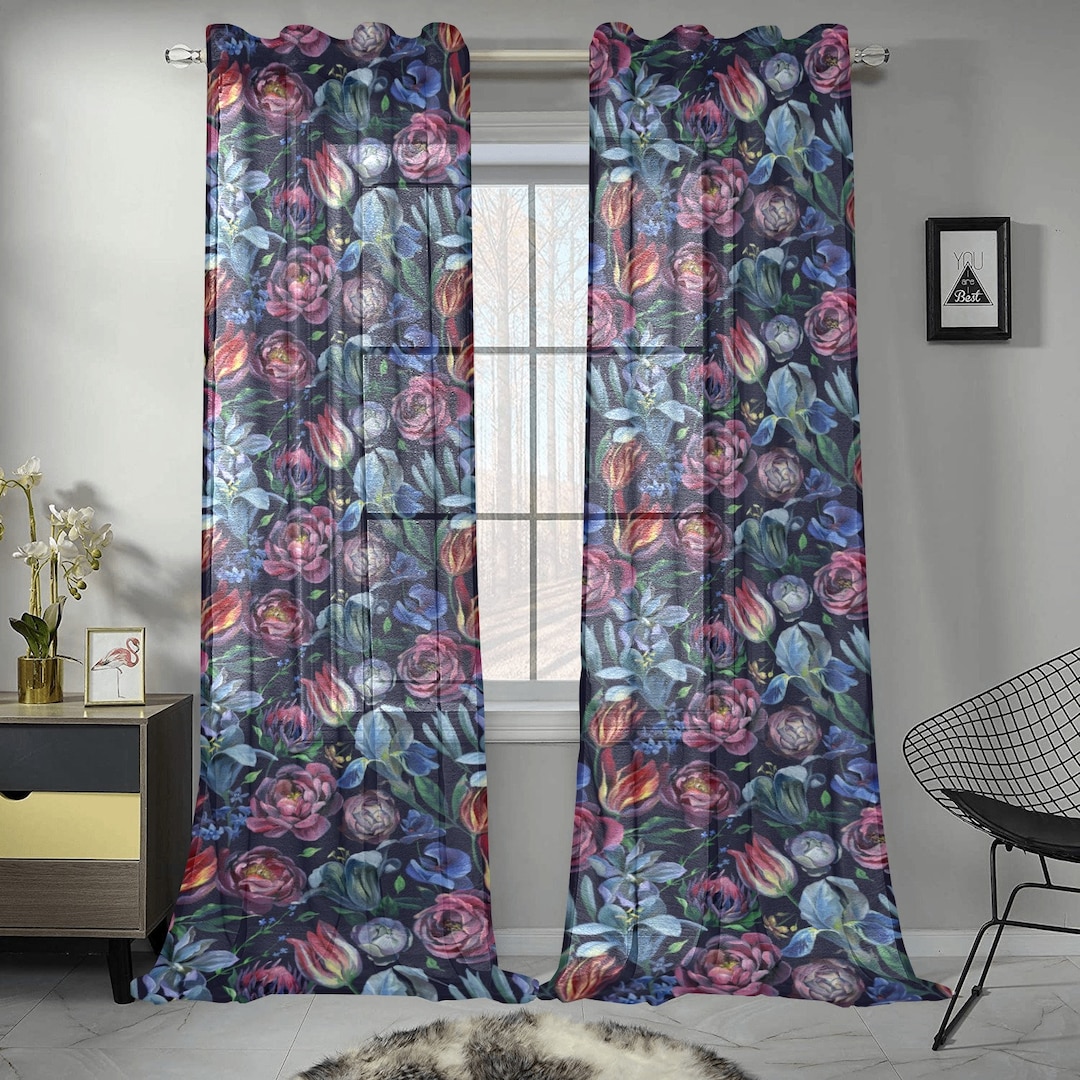 2 PANELS Dark Floral Curtains, Moody Maximalist, Dark Cottagecore