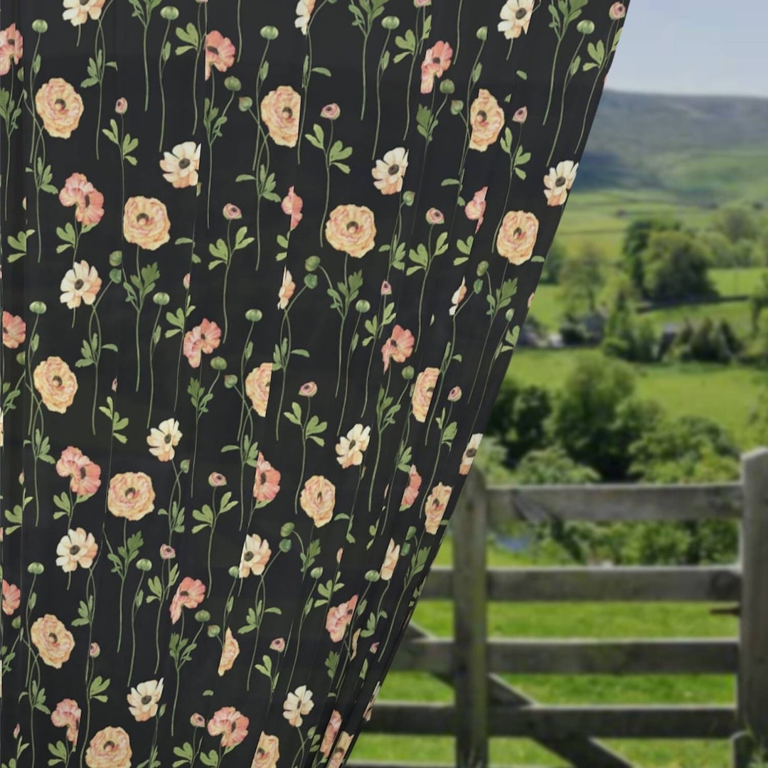 Cottagecore Floral Curtains, Dark Floral, Country Cottage Decor