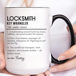 Custom Locksmith Dictionary Mug, Funny Key Wrangler Mug, Personalized Coffee Cup Gift for Locksmith, Punny Tradesman Mug