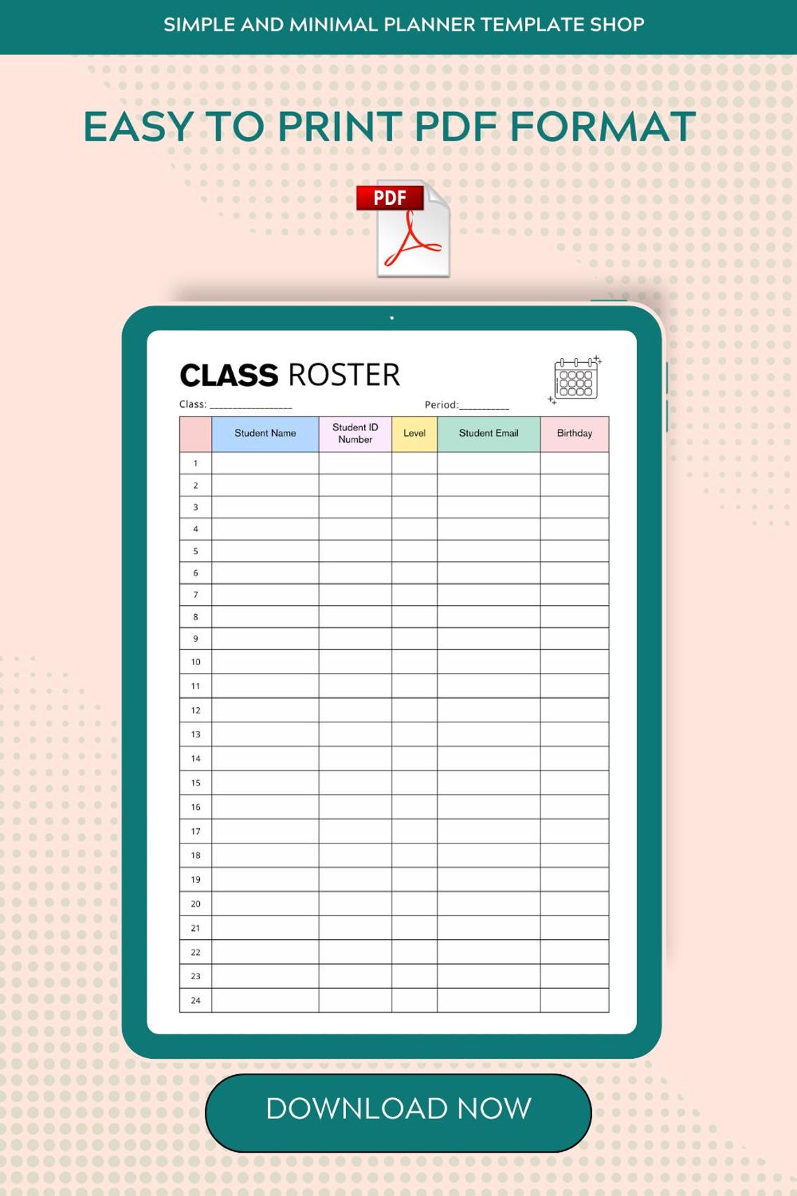 Printable Class Roster Template, Teacher Organizer (editable PDF, A4/US ...