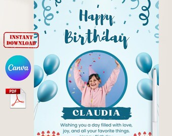 Happy Birthday Template, Kids Birthday Card Printable, Photo Birthday Card Canva, Editable Birthday Greeting PDF, Instant Download