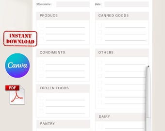 Weekly Grocery List, Minimalist Shopping Organizer (Canva Editable, PDF Printable)