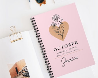 Custom October Marigold Spiral Notebook, Personalized Birth Flower Journal, Custom Name Writing Diary, Gift For Women
