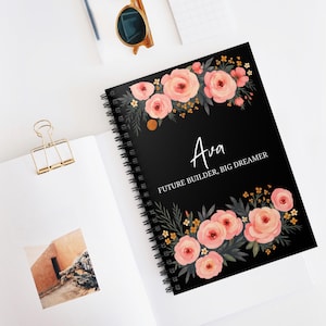 Custom Black Floral Notebook, Personalized Journal with Name, Motivational Quote Notebook, Custom Gift for Women, Writing Journal