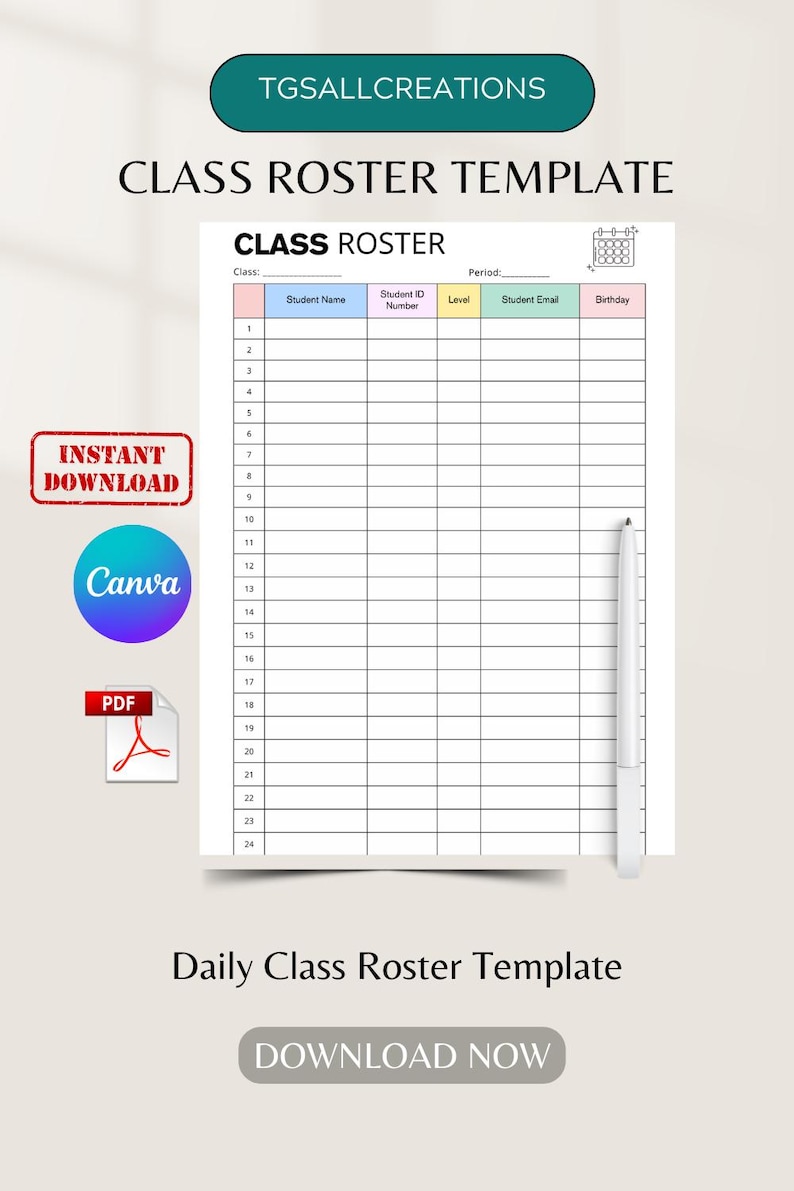 Printable Class Roster Template, Teacher Organizer (editable PDF, A4/US ...