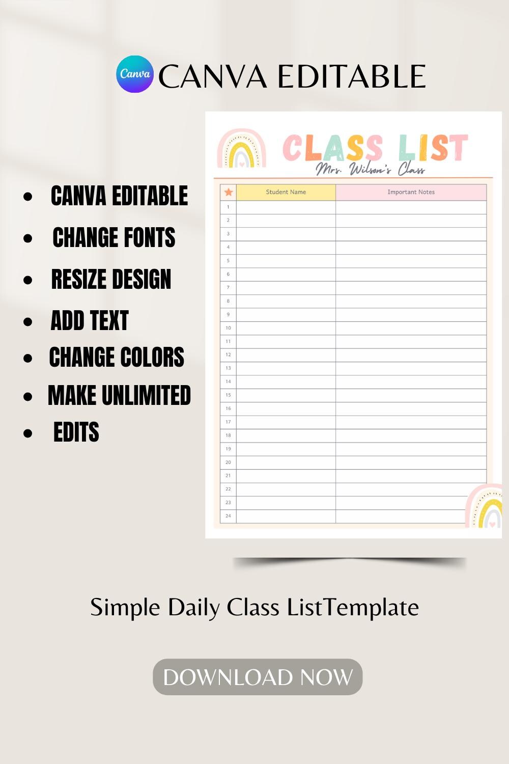 Class List Template Printable, Canva Editable Teacher Roster, Student ...
