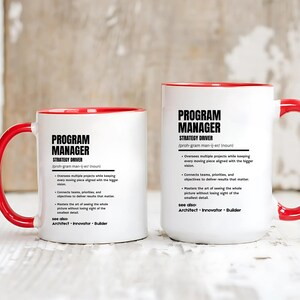 May include: Two white ceramic mugs with bright red interiors and handles. Each mug features black printed text defining a Program Manager as a strategy driver, including bulleted job responsibilities and a see also section listing Architect, Innovator, and Builder.