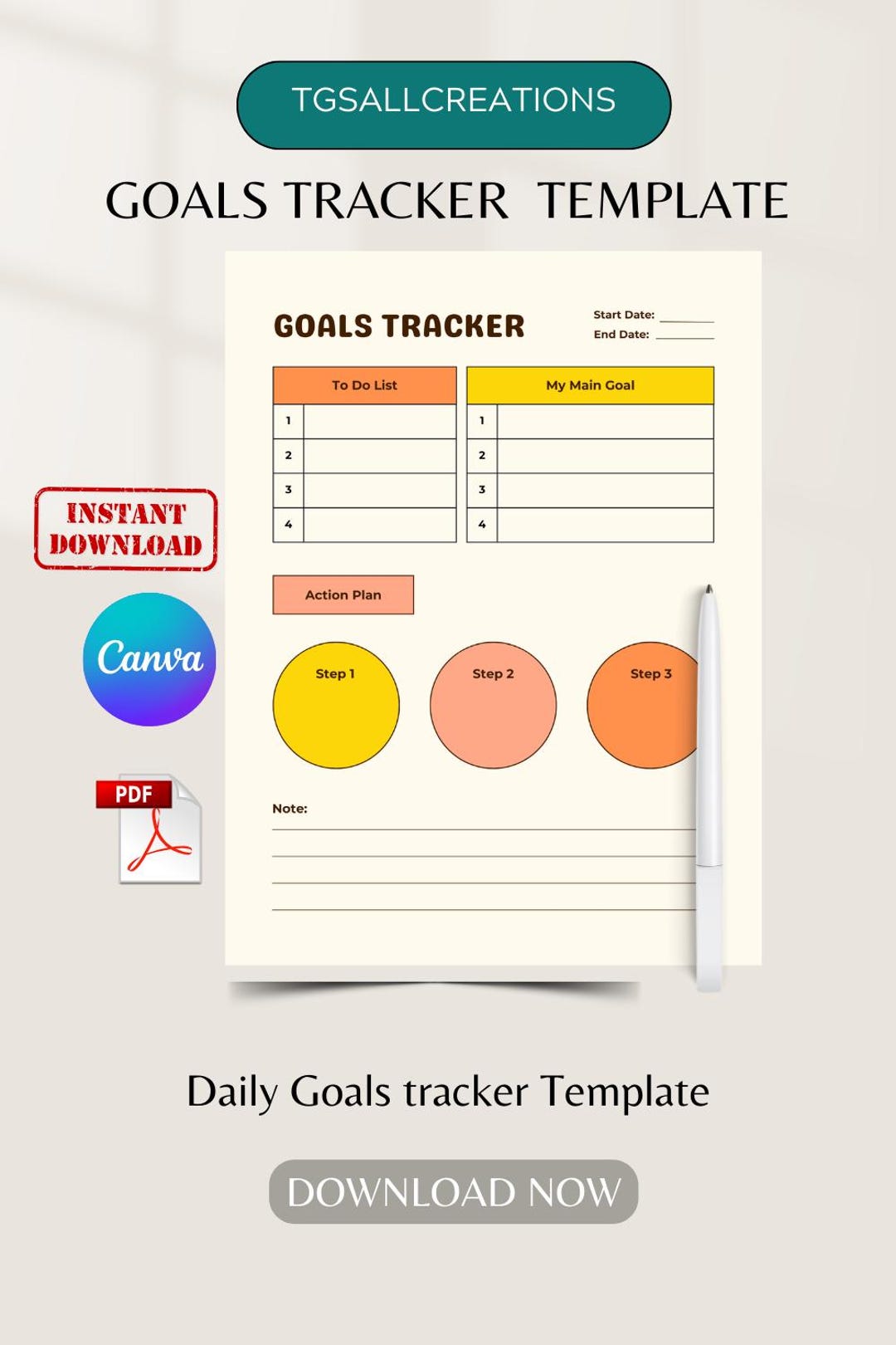 Daily Goals Tracker Printable, Canva Editable Goal Planner Template ...