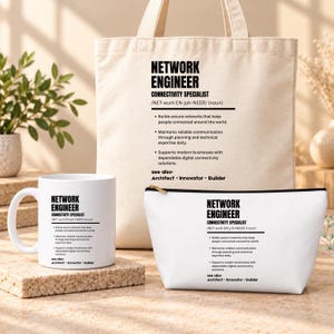 May include: A white ceramic mug, a beige canvas tote bag, and a white zippered pouch. Each item features black text defining a Network Engineer, including the phonetic spelling, job description bullet points, and see also: Architect, Innovator, Builder.