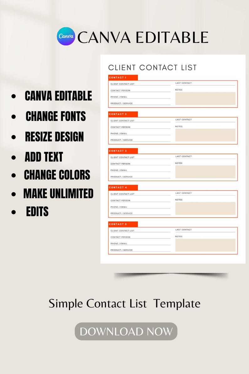 Client Contact List Template, Editable Canva Organizer (printable PDF ...