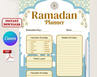Ramadan Planner Printable, Ibadah Tracker, Islamic Prayer, Canva Editable (PDF Download)