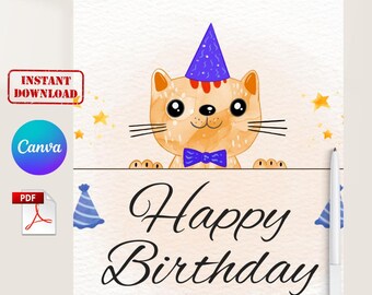 Animal Birthday Card, Cartoon Cat, Canva Editable (PDF Download)