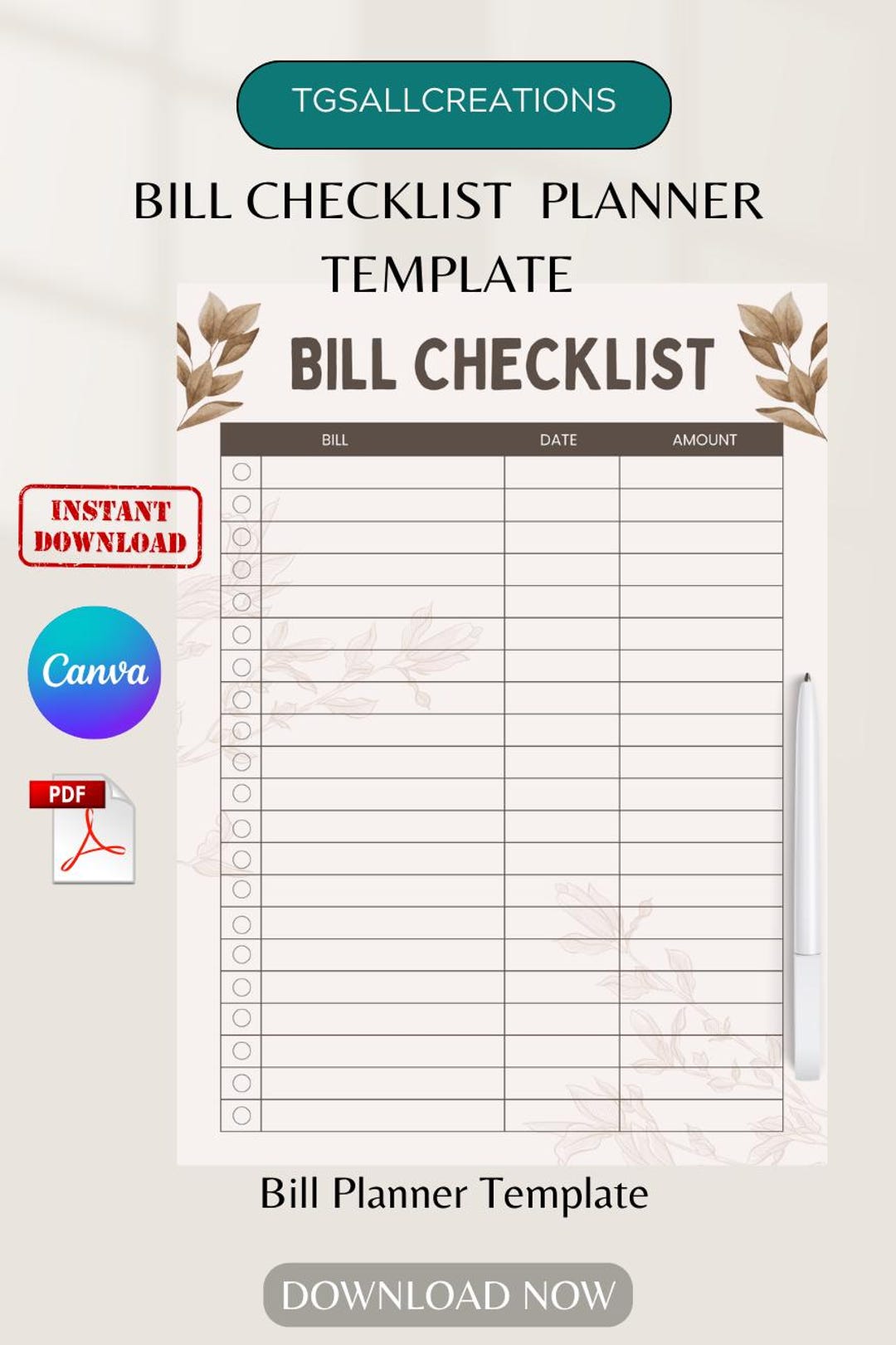 Printable Bill Checklist, Monthly Expense Tracker, Canva Editable (PDF ...