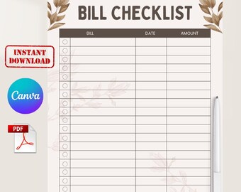 Printable Bill Checklist, Monthly Expense Tracker, Canva Editable (PDF Download)