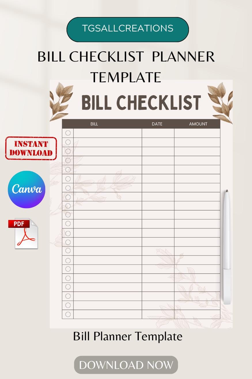 Printable Bill Checklist, Monthly Expense Tracker, Canva Editable (PDF ...