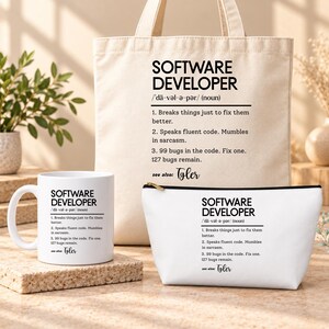 Gepersonaliseerde cadeauset voor softwareontwikkelaars, cadeau voor programmeur, cadeau voor codeerder, gepersonaliseerd cadeau voor ontwikkelaar, set met mok en draagtas, verjaardagscadeau voor ontwikkelaar