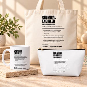 Gepersonaliseerde cadeauset voor chemische ingenieurs, cadeau voor chemische ingenieurs, afstudeercadeau voor ingenieurs, gepersonaliseerd cadeau voor ingenieurs, set met mok en draagtas