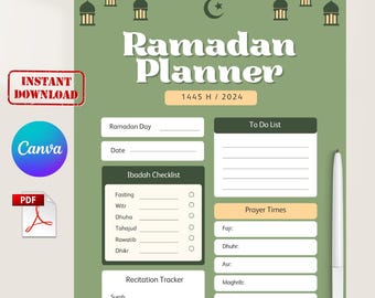 Printable Ramadan Planner, Ibadah & Prayer Tracker (Canva Editable, PDF Download)