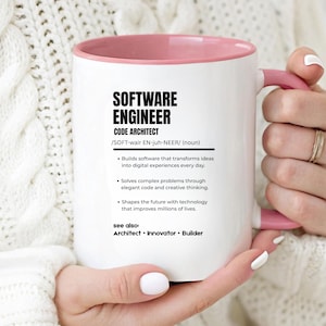 Könnte beinhalten: Ein weißer Keramikbecher mit rosafarbenem Innenraum und Henkel, bedruckt mit schwarzem Text, der einen Softwareentwickler als Code-Architekten definiert, inklusive stichpunktartiger Beschreibungen und dem Zusatz see also: Architect, Innovator, Builder.
