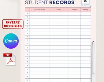 Student Information Tracker, Printable Teacher Record Sheet, Editable Canva Template (PDF Download)