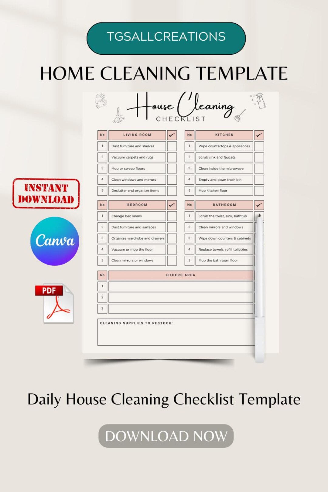 House Cleaning Checklist Printable, Canva Editable Daily Home Cleaning ...