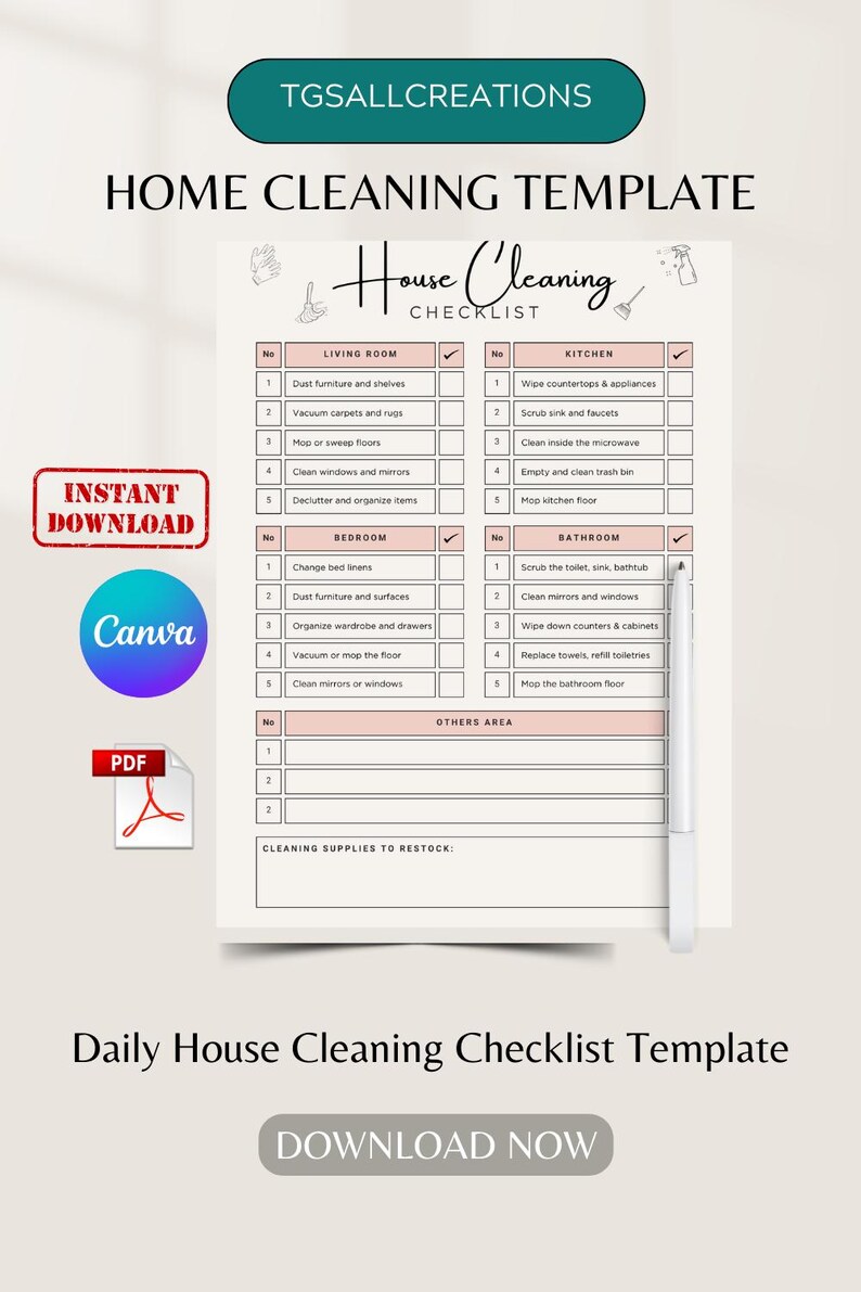 House Cleaning Checklist Printable, Canva Editable Daily Home Cleaning ...