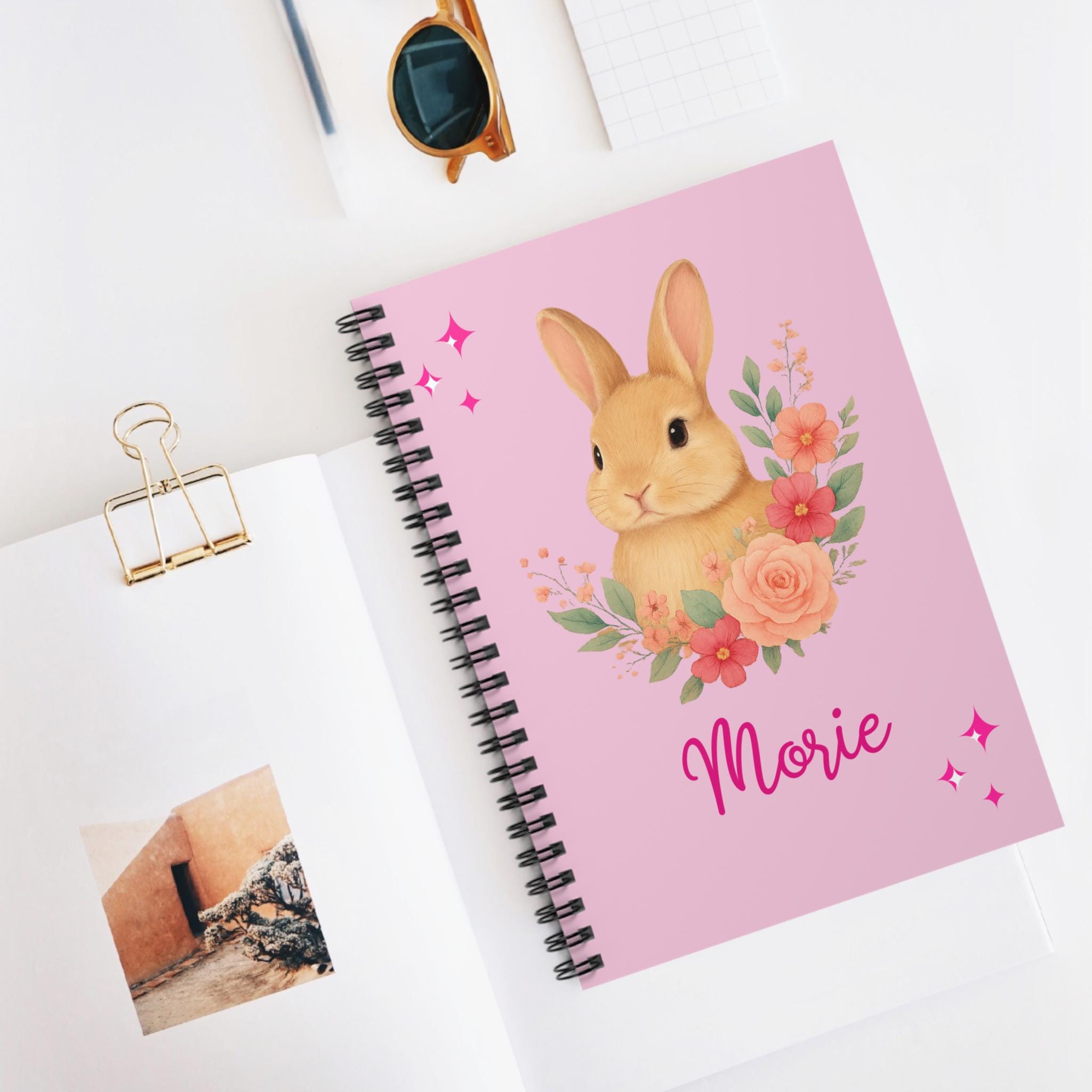 Floral Bunny Spiral Notebook, Personalized Name Kids Notebook