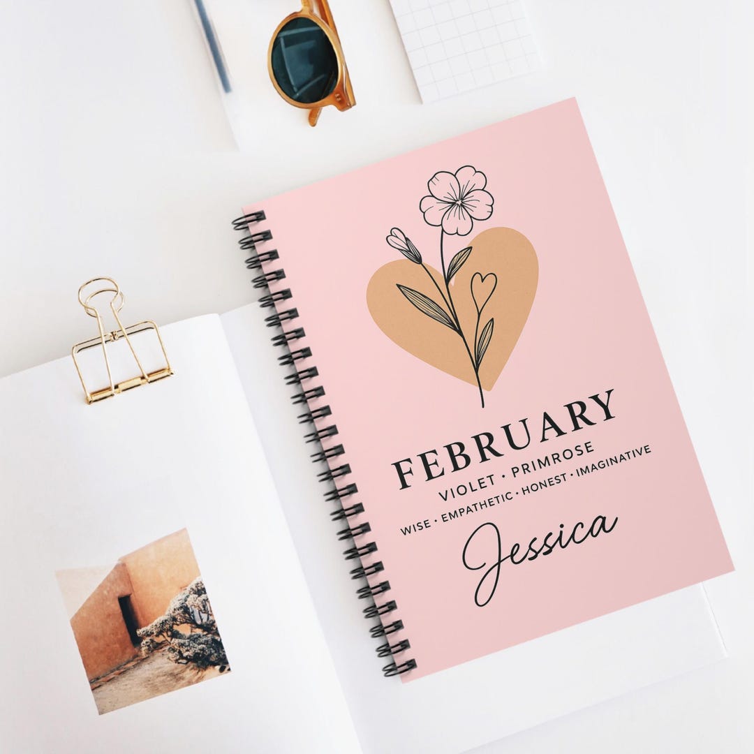 February Design Notebook Front Custom February Violet Spiral Notebook, Personalized Birth Flower ...