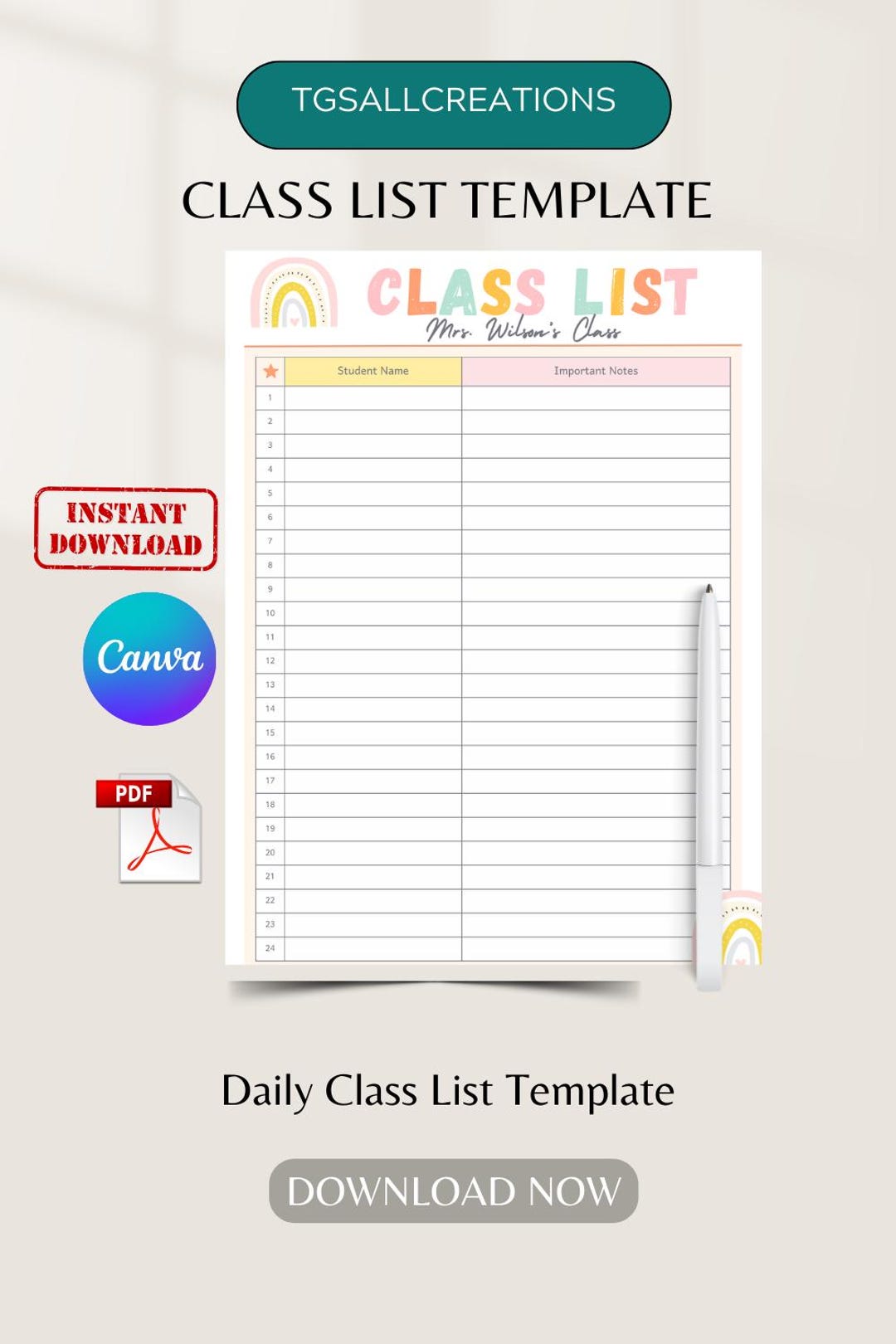 Class List Template Printable, Canva Editable Teacher Roster, Student ...