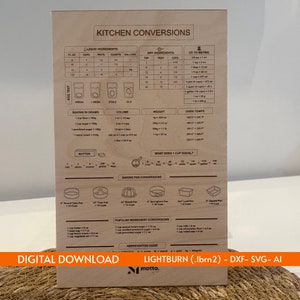 Puede incluir: Tabla de conversión de cocina de madera con medidas para ingredientes líquidos y secos, conversiones de horneado y temperaturas del horno. La tabla también incluye el texto "DESCARGA DIGITAL" y "LIGHTBURN (.lbrn2) - DXF- SVG- AI".