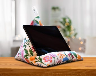 Tablet Pillow with Colored Flowers, reading cushion, iPad stand, ergonomic book support, e-reader beanbag, Kindle holder, gift for readers