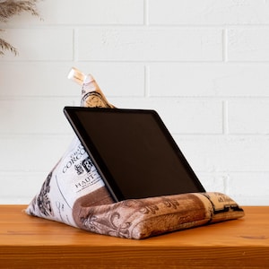 Tablet Pillow Wine Labels, iPad holder, book stand, e-reader beanbag, Kindle stand, reading accessory, ergonomic lap cushion, gift