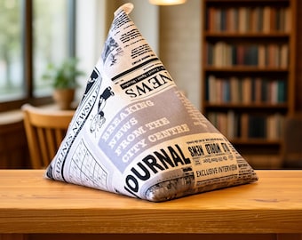 Tablet Pillow with Newspaper design, ergonomic book support, reading cushion, iPad stand, e-reader beanbag, Kindle holder, gift for readers