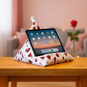 Tablet Pillow with Valentine Hearts, reading cushion, iPad stand, ergonomic book support, e-reader beanbag, Kindle holder, gift for readers