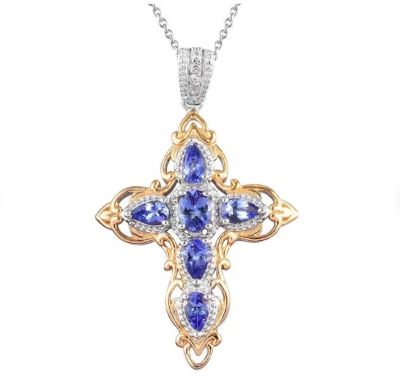AAA Tanzanite and Zircon Cross Pendant Necklace 20 Inch in Vermeil Yellow Gold and Platinum Over Sterling Silver Tanzanite Jewelry Gift For
