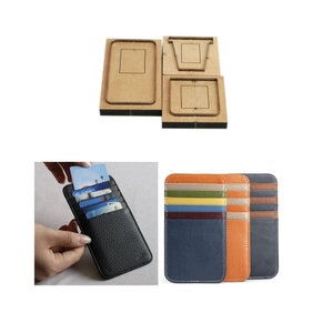 May include: Three leather card holders with different colored stripes. The card holders are made of a textured leather and have multiple slots for cards. The card holders are shown next to a set of three wooden cutting dies.